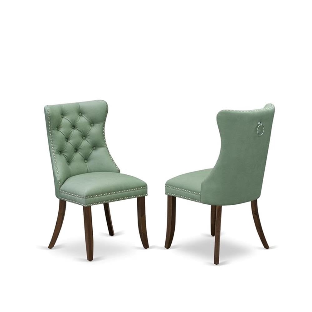 9-Piece Walnut Finish Acacia Wood Dining Room Set with Willow Green Faux Leather Upholstered Chairs Z767770