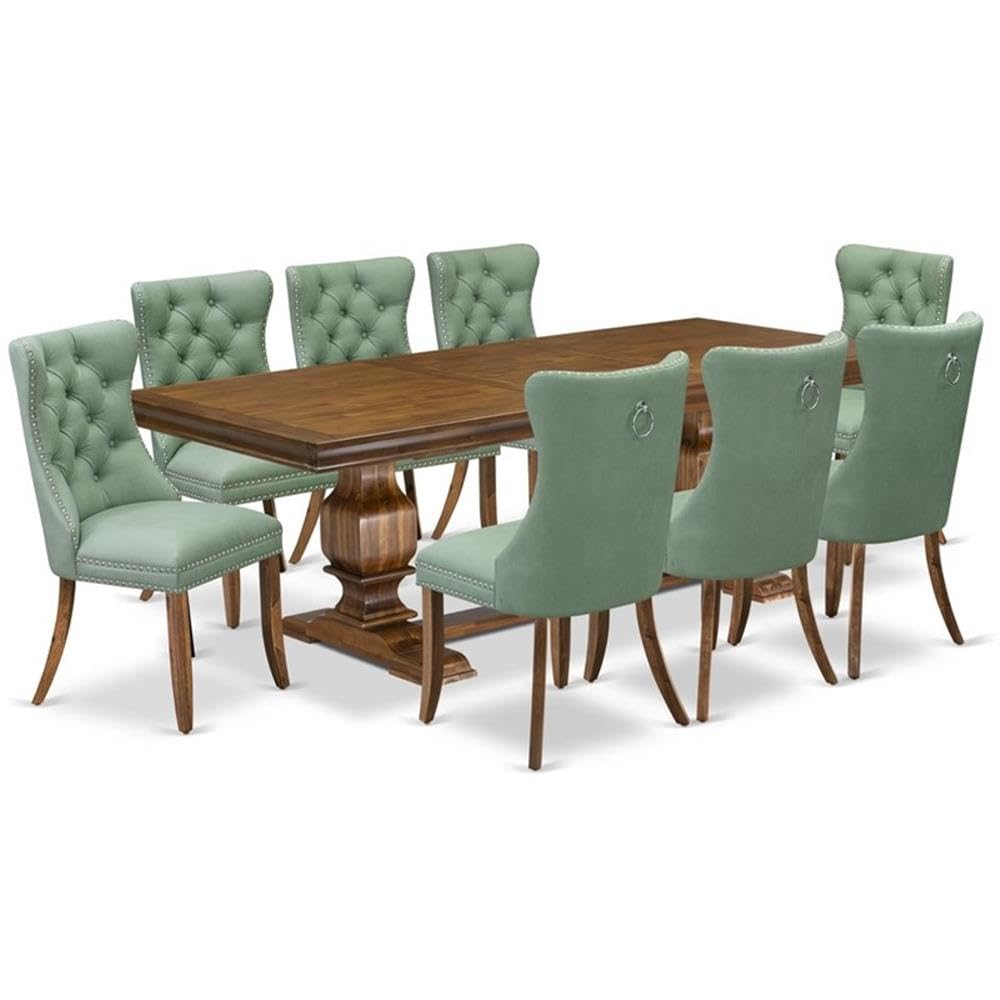 9-Piece Walnut Finish Acacia Wood Dining Room Set with Willow Green Faux Leather Upholstered Chairs Z767770