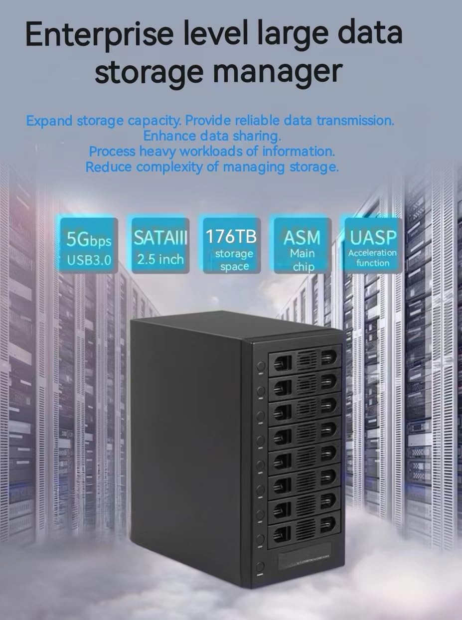 8 Bay Tool Less Hot Swap 2.5" 3.5" SATA USB 3.0 Enclosure J465