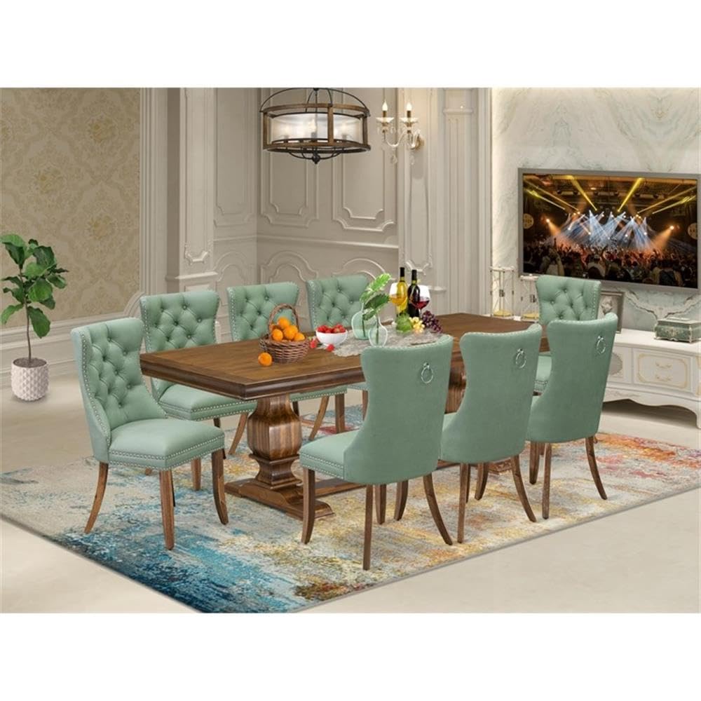 9-Piece Walnut Finish Acacia Wood Dining Room Set with Willow Green Faux Leather Upholstered Chairs Z767770
