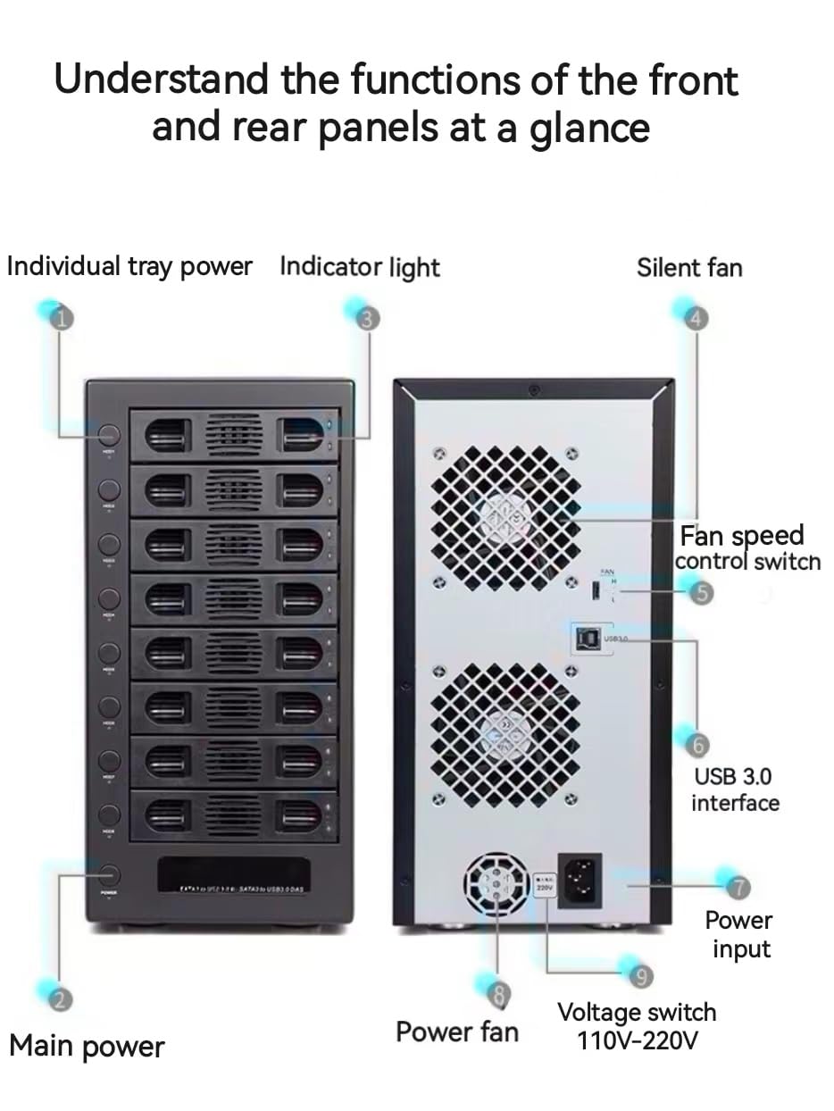 8 Bay Tool Less Hot Swap 2.5" 3.5" SATA USB 3.0 Enclosure J465