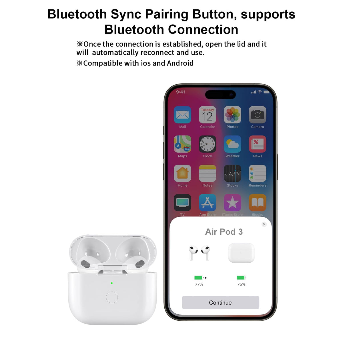 Wireless Charging Case Replacement with Bluetooth Pairing Sync Button O91683