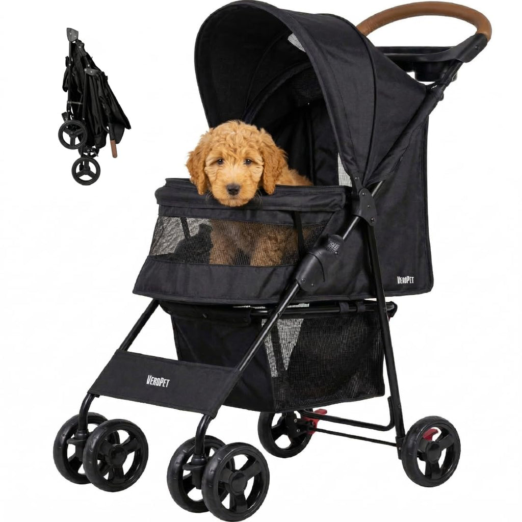 Foldable Pet Stroller with Mesh, Storage Basket & Cup Holder W68188