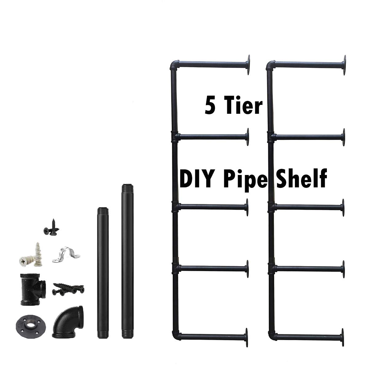 Industrial Wall Mount Iron Pipe Shelf 2Pcs 5 Tier B9205