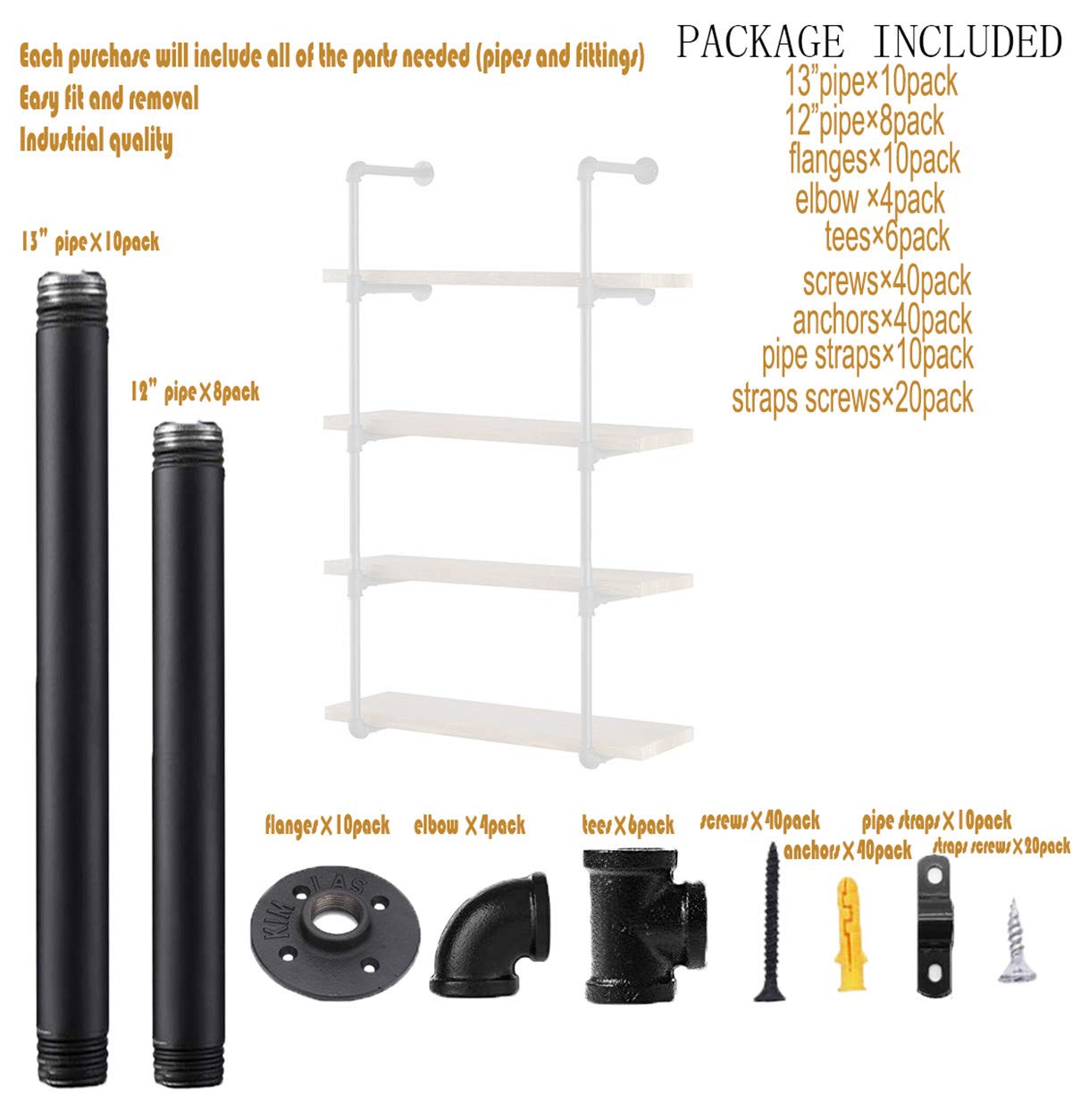Industrial Wall Mount Iron Pipe Shelf 2Pcs 5 Tier B9205