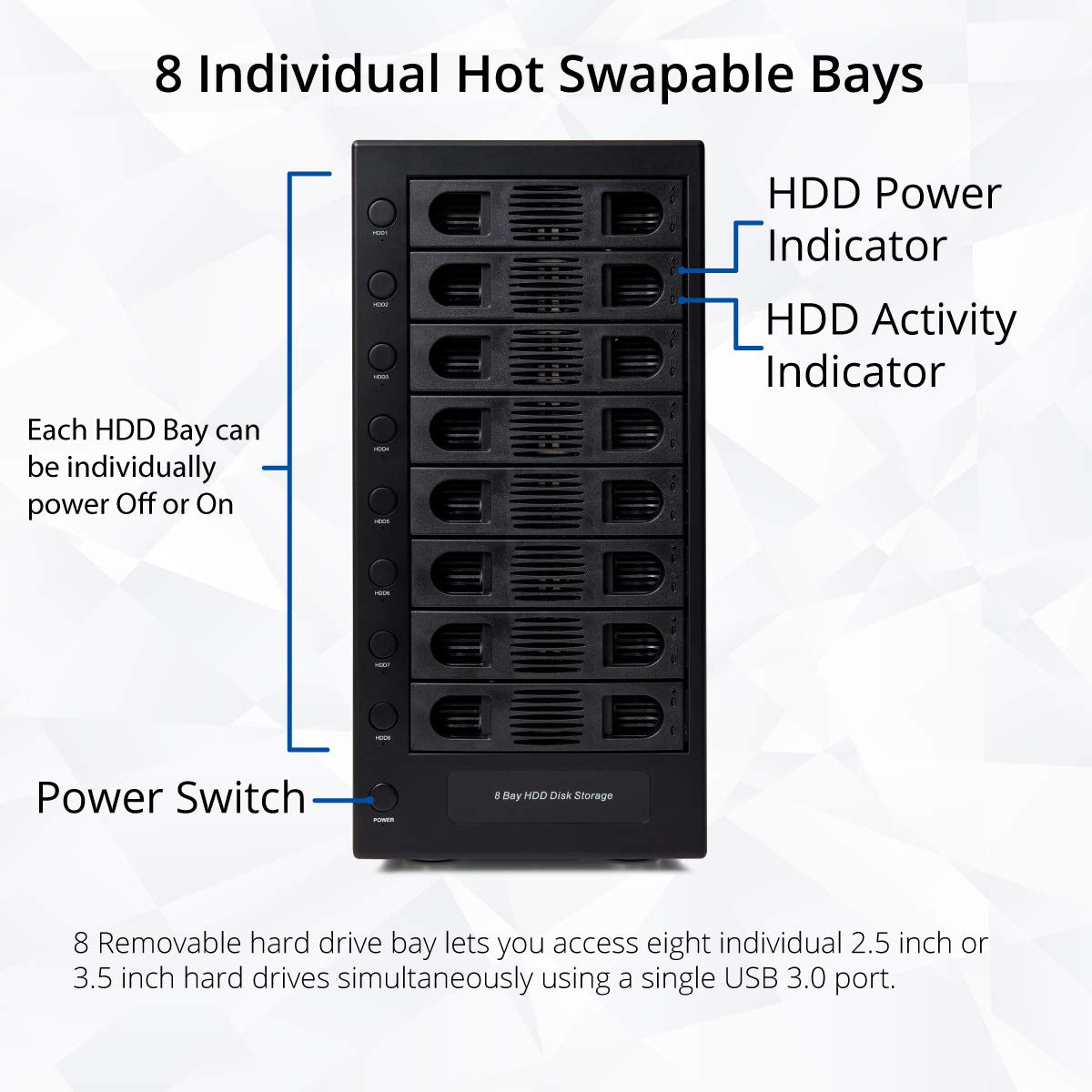 8 Bay Tool Less Hot Swap 2.5" 3.5" SATA USB 3.0 Enclosure J465