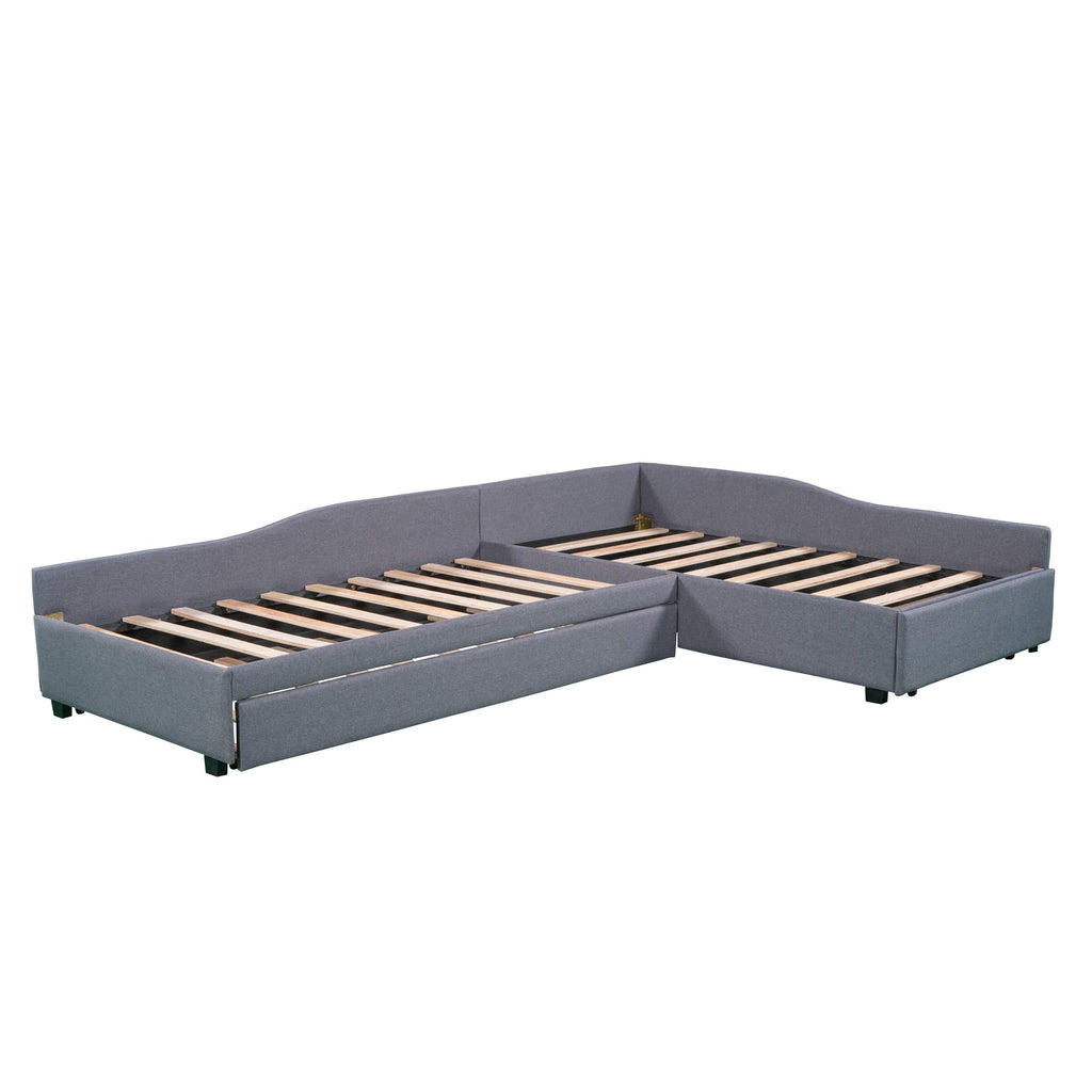 Gray Linen Upholstered Double Twin Size Daybed with Trundle and Drawer N5114
