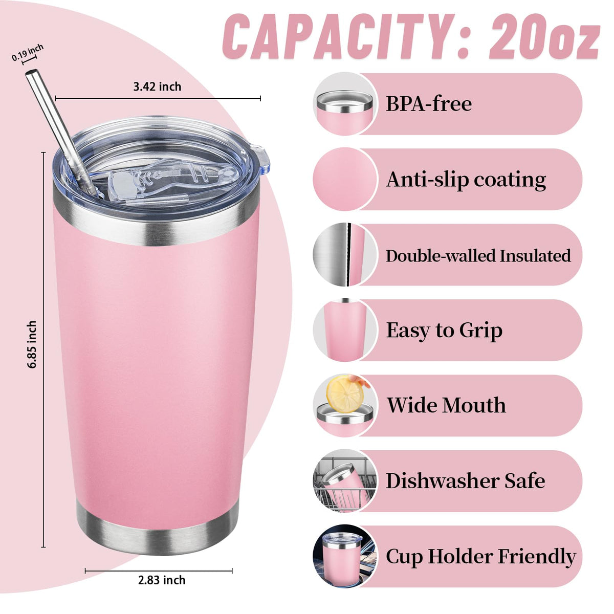 20 oz Stainless Steel Insulated Tumbler with Lids and Straws I904588
