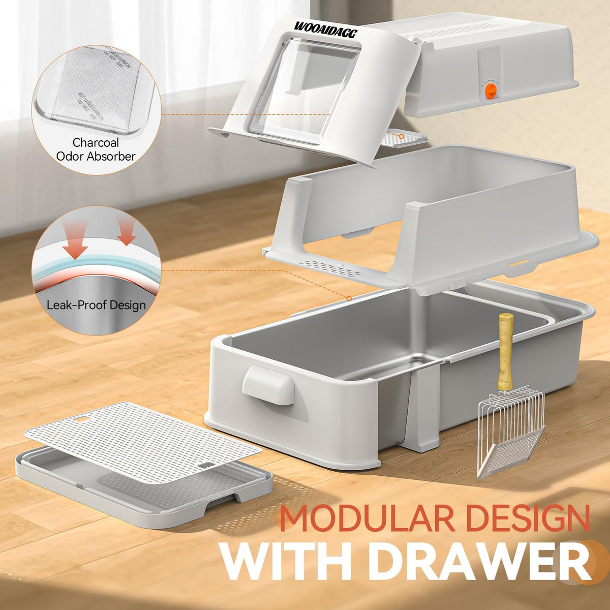 Enclosed Stainless Steel Cat Litter Box with Drawer and Flip Door, Extra Large Light Grey X611