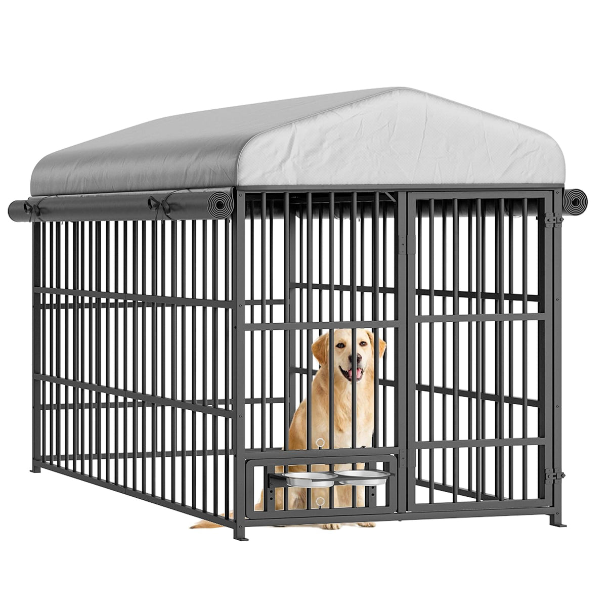 Black Dog Kennel with Cover and Feeding Bowls P9409