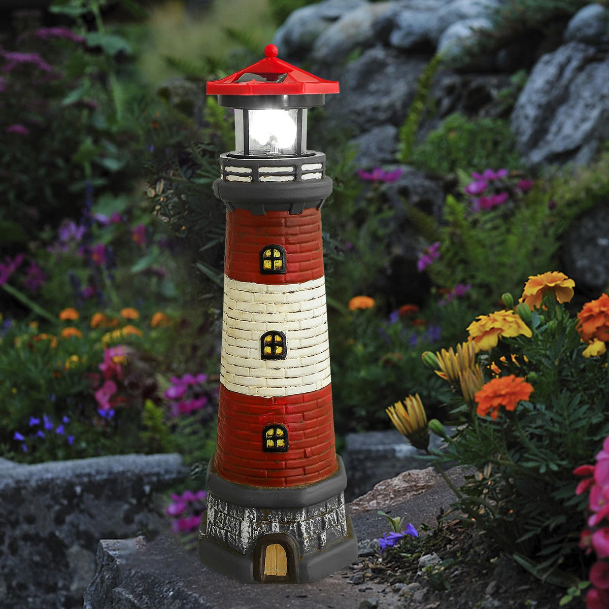 Solar Garden Lighthouse Statue, Waterproof Resin Outdoor Decor Light, 14.76 Inch Red Finish R837776