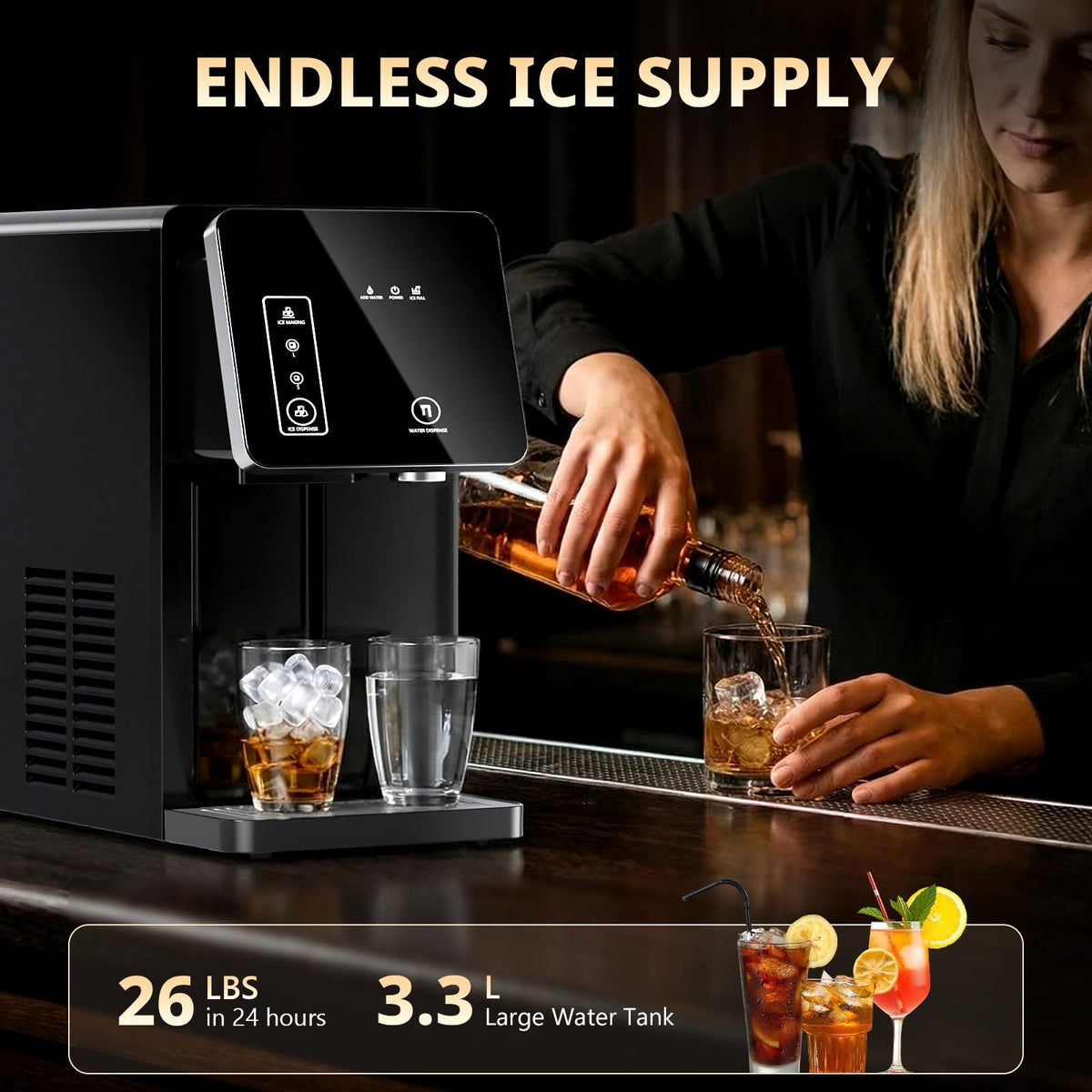 2-in-1 Countertop Ice Maker Machine with Water Dispenser, Black G4672