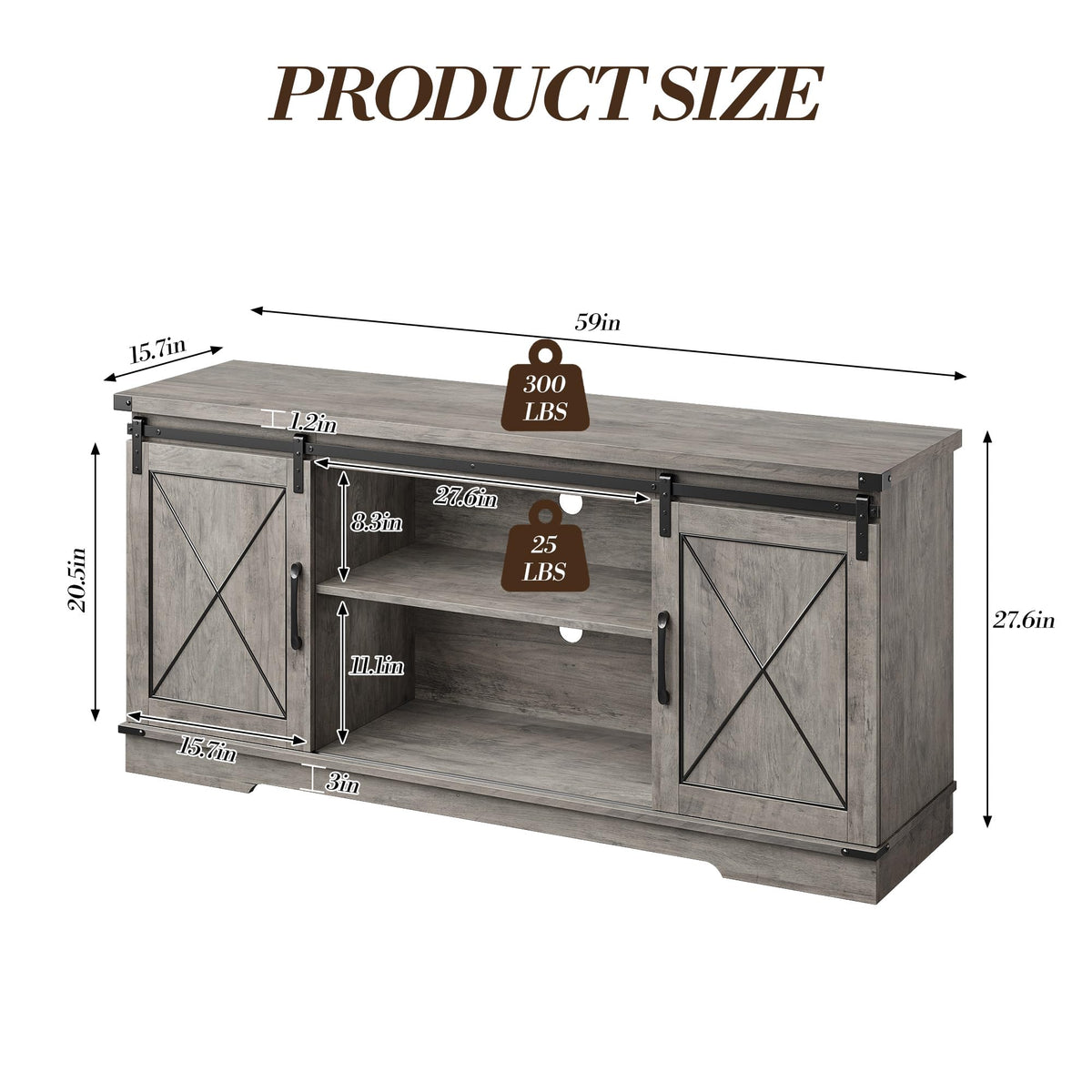 59" Farmhouse TV Stand with Sliding Barn Doors & Adjustable Shelves, Gray J330