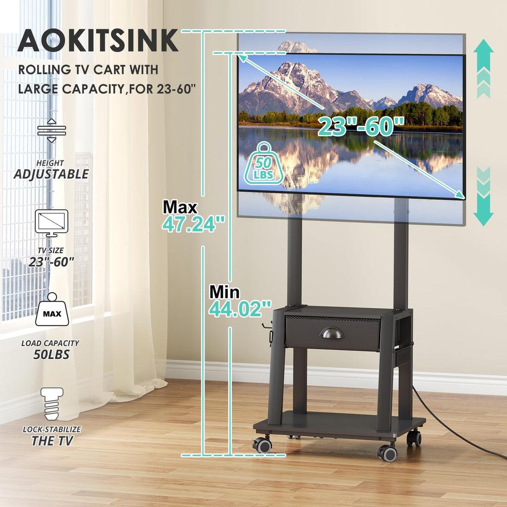 Rolling TV Stand with Power Outlet, Adjustable Height, for 23-60 inch Screens F9230