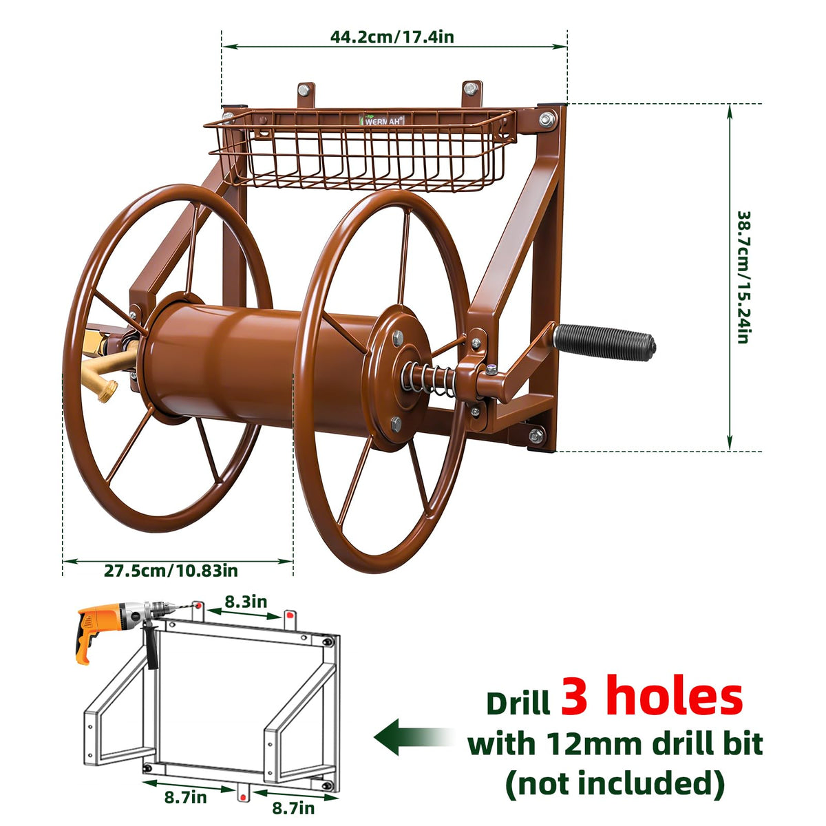 Wall Mount Metal Garden Hose Reel Holds 155ft 5/8" Hose I433