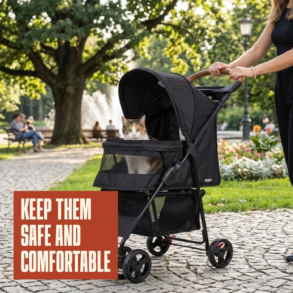 Foldable Pet Stroller with Mesh, Storage Basket & Cup Holder W68188