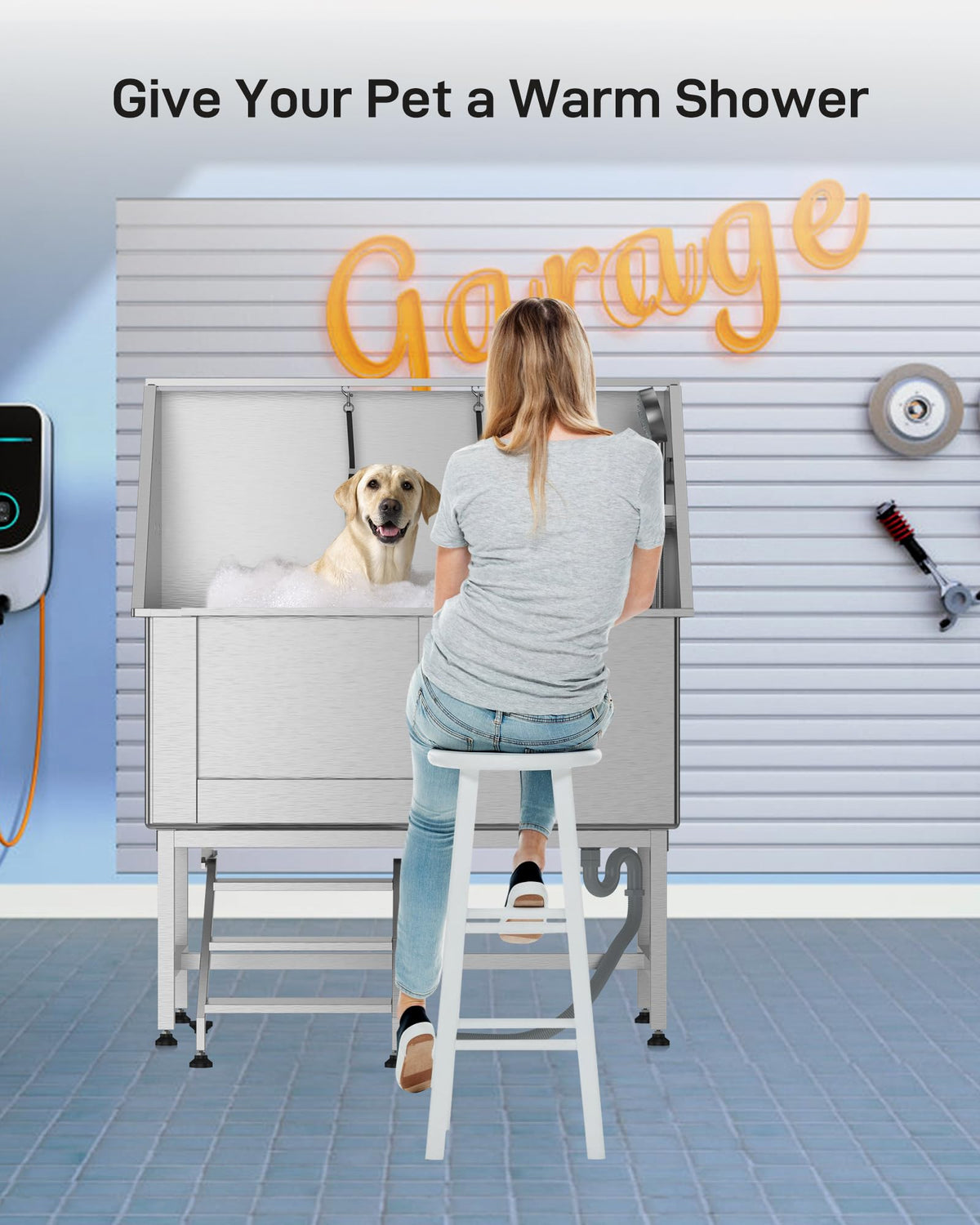 Stainless Steel Dog Grooming Bathtub with Removable Ramp Q627605