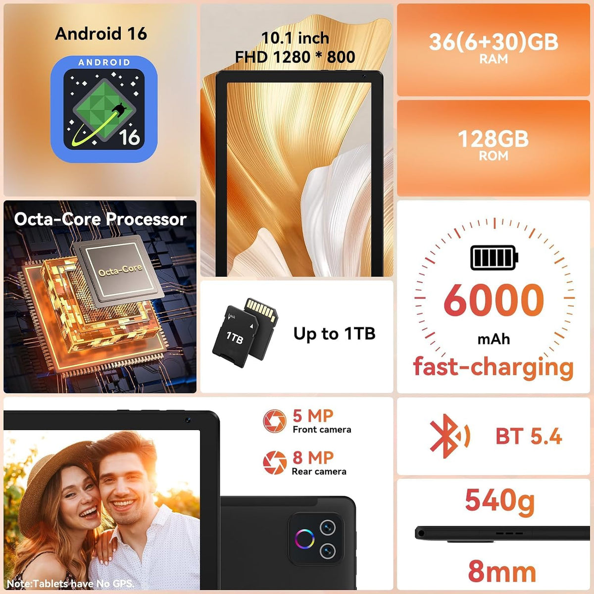10.1" Android 16 Tablet Octa-core 36GB+128GB Dual Camera H601939