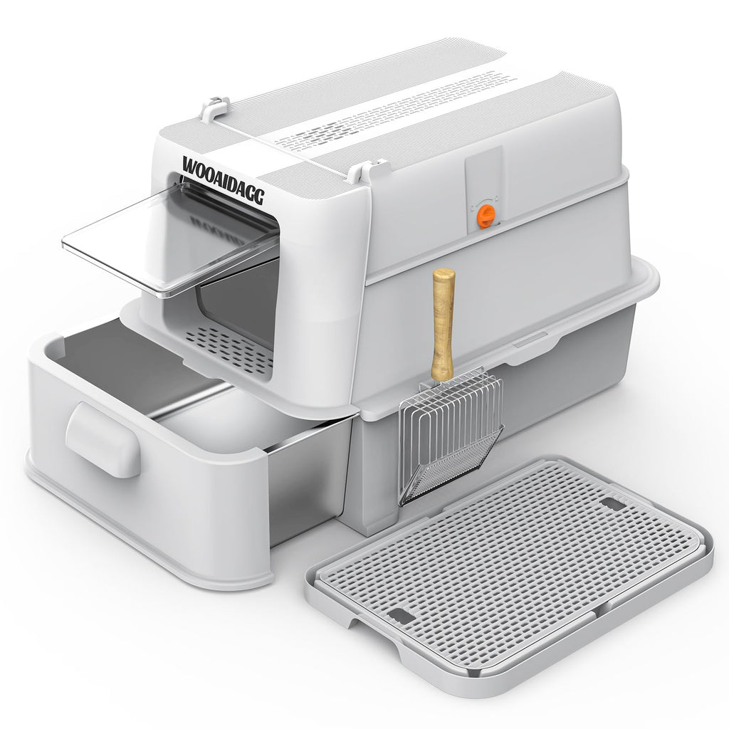 Enclosed Stainless Steel Cat Litter Box with Drawer and Flip Door, Extra Large Light Grey X611