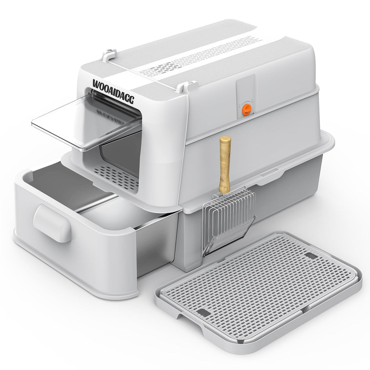 Enclosed Stainless Steel Cat Litter Box with Drawer and Flip Door, Extra Large Light Grey X611