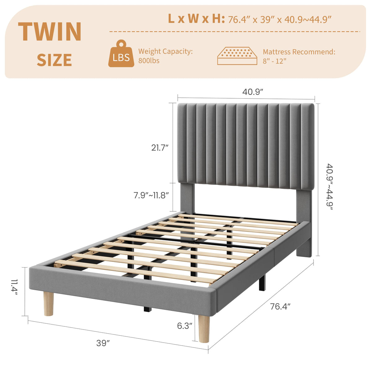 Velvet Upholstered Platform Bed with Adjustable Headboard E305078