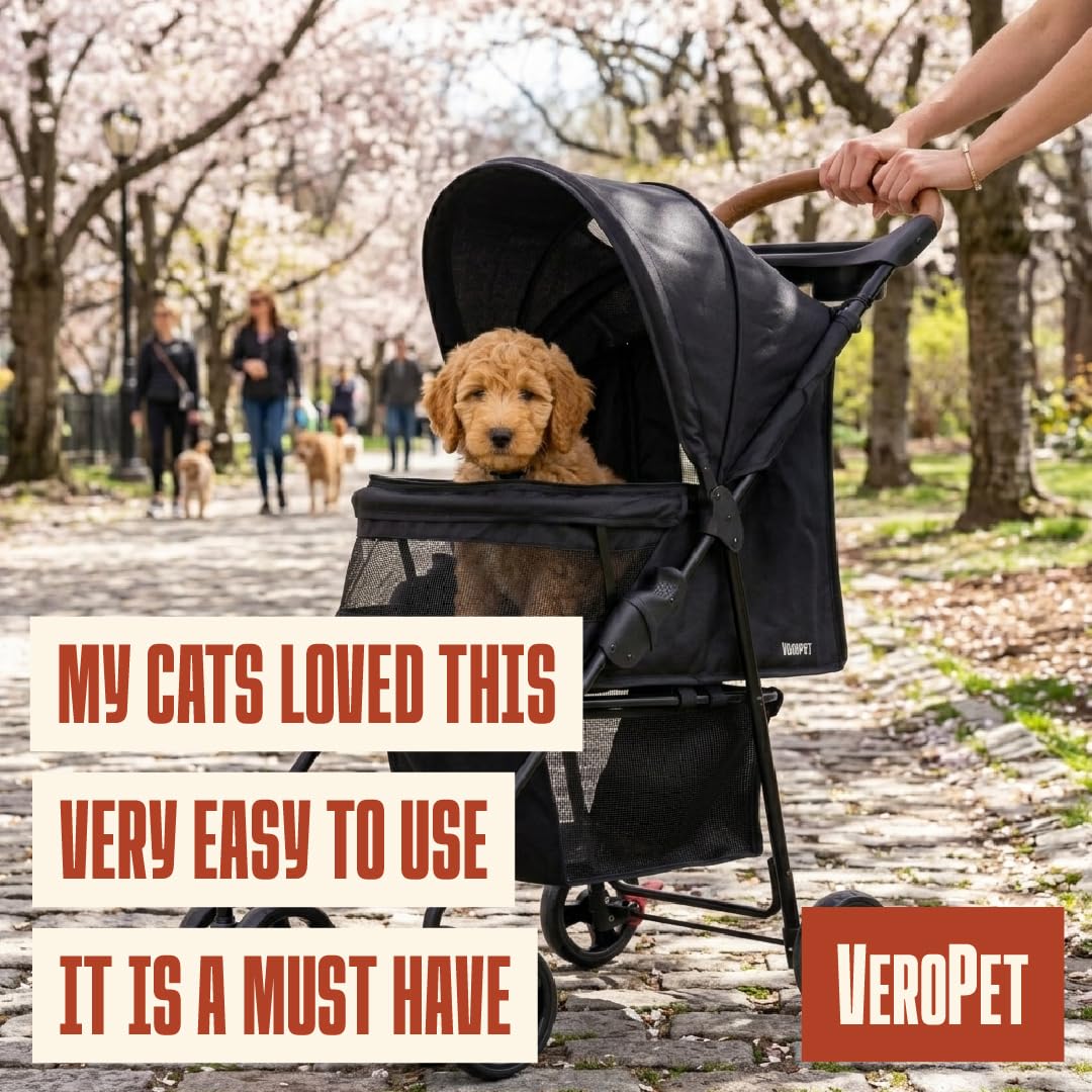 Foldable Pet Stroller with Mesh, Storage Basket & Cup Holder W68188