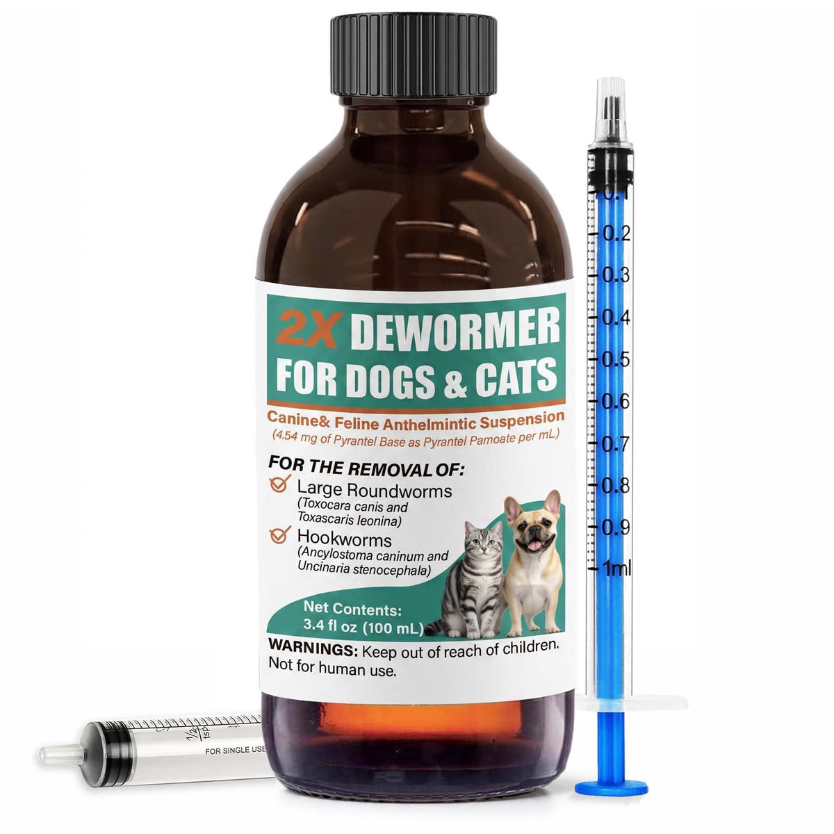 Liquid Dewormer 2X for Dogs & Cats, Pyrantel Pamoate Oral Liquid for Large Roundworms & Hookworms, 100 mL L495