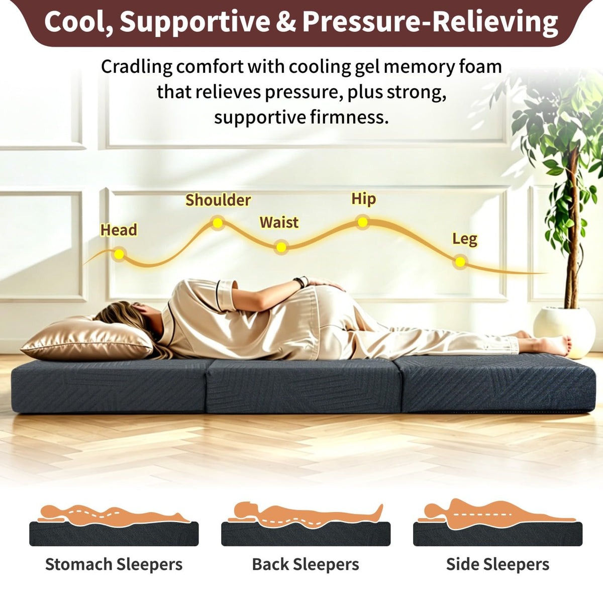 6 Inch Cooling Gel Memory Foam Trifold Mattress with Ice Silk Cover C2821