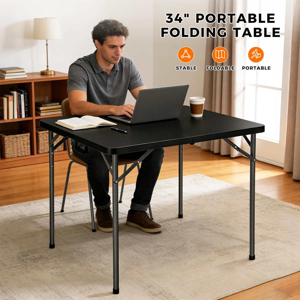 34" Black Square Folding Table with Carrying Handle W584857