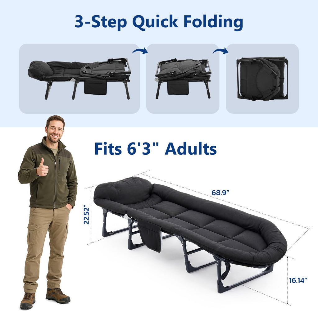 Folding Camping Cot with Mattress and Pillow, 450 Lbs Capacity, 69 Inch, Black U1689