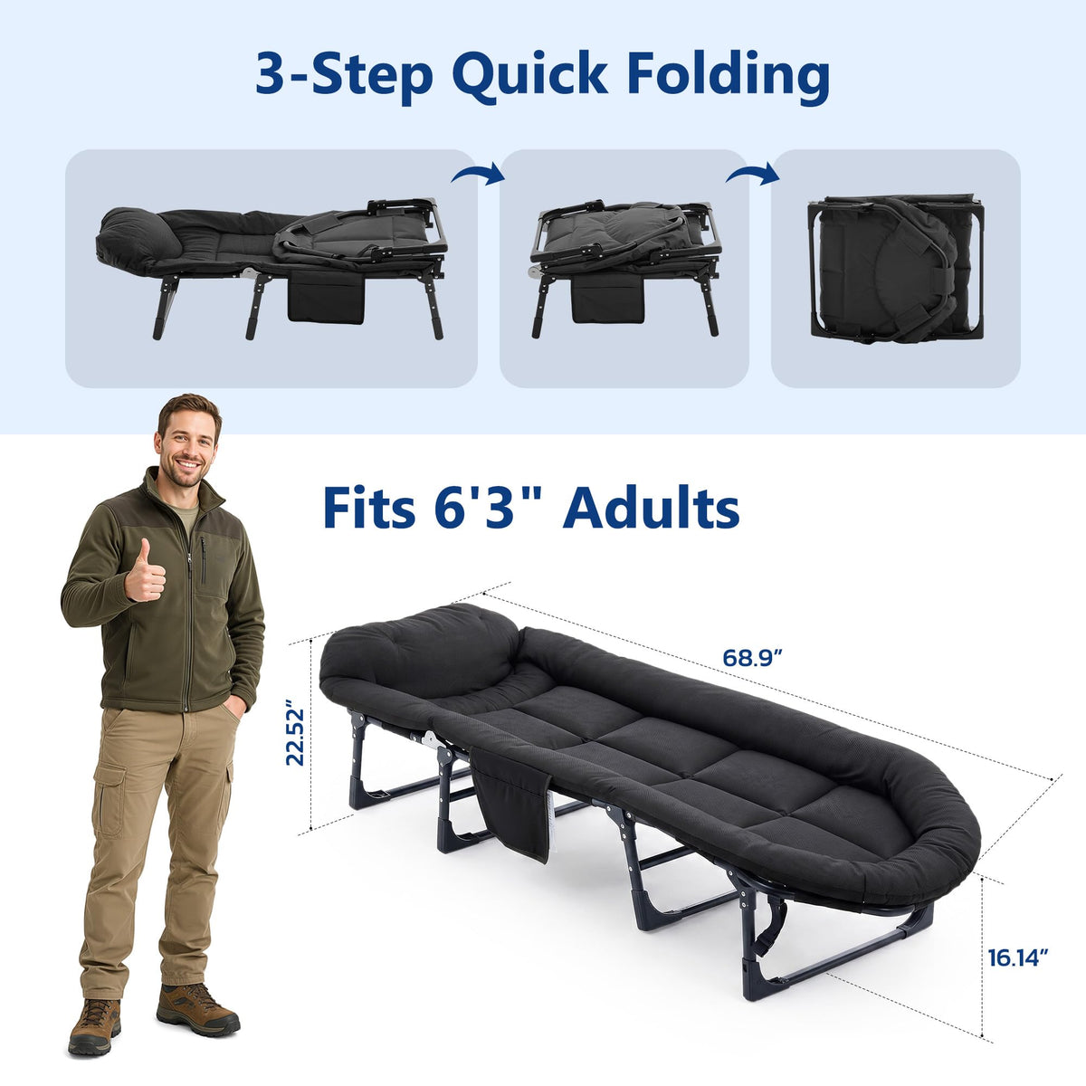 Folding Camping Cot with Mattress and Pillow, 450 Lbs Capacity, 69 Inch, Black U1689