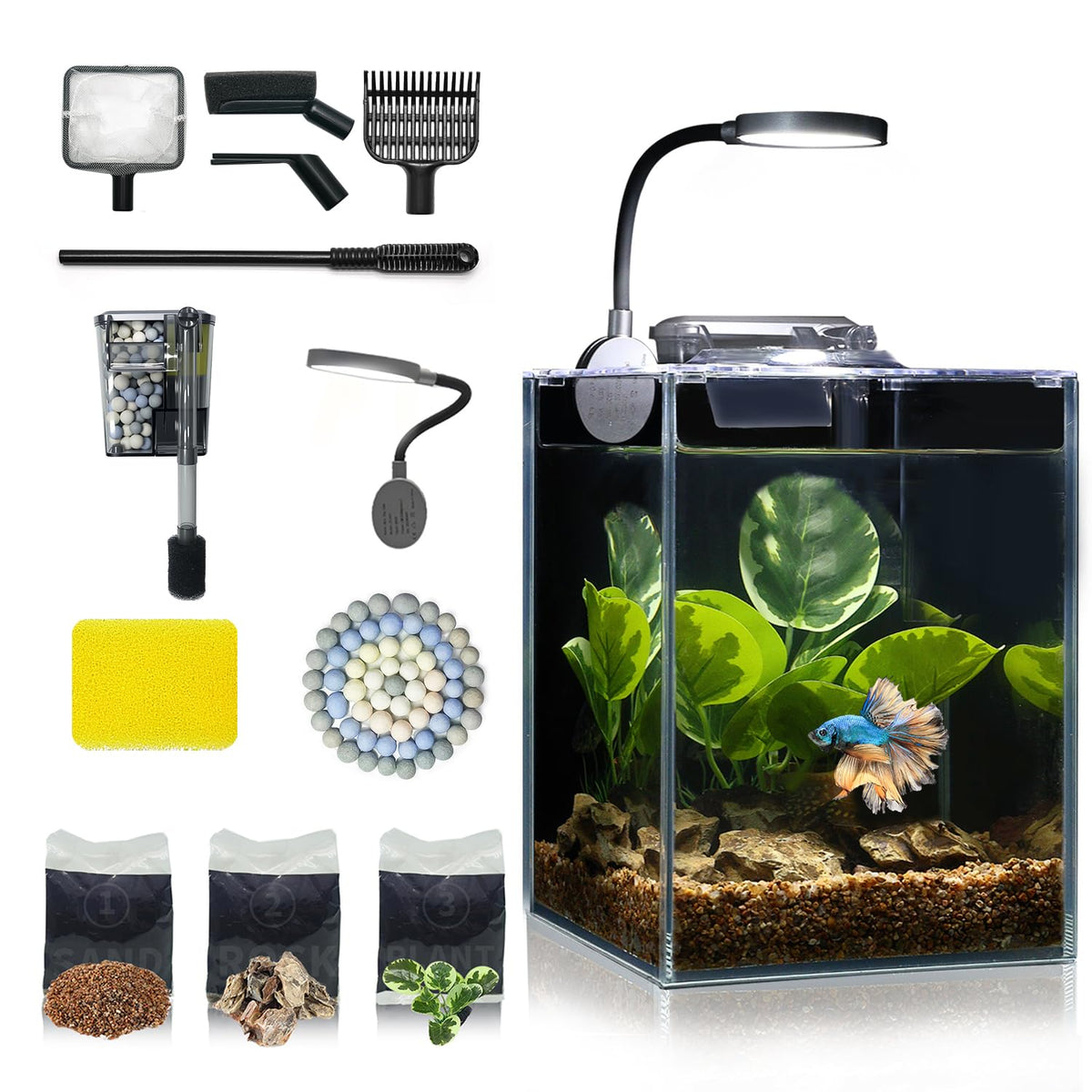 Glass 1.25 Gallon Aquarium Set with Filter LED Light D126