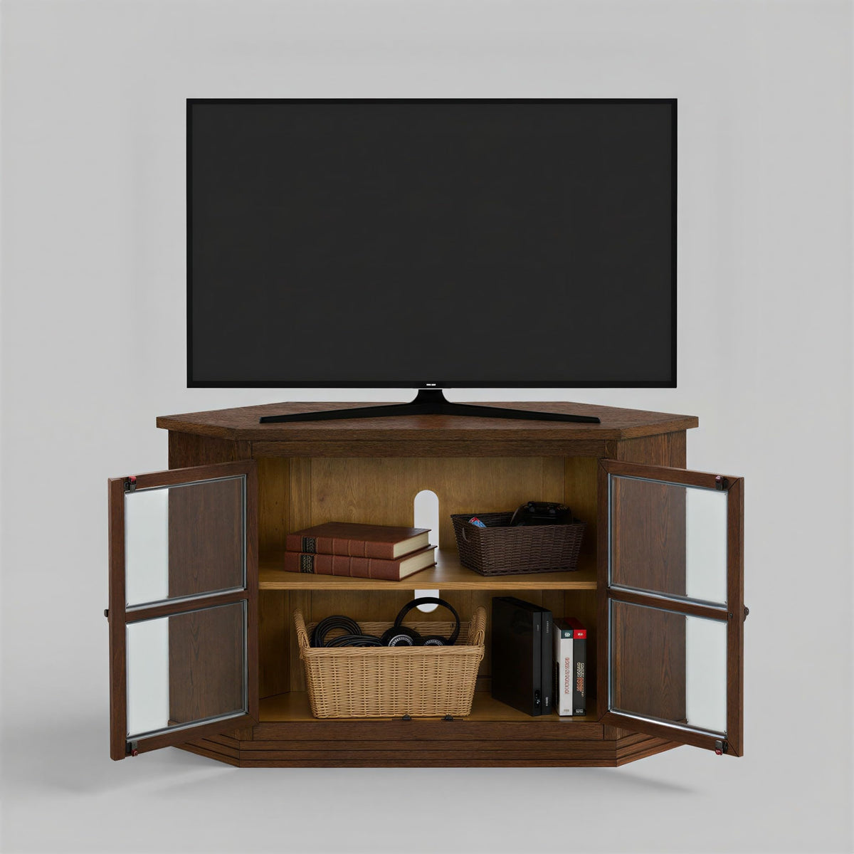 Cocoa Brown Wood and Glass Corner TV Stand Q4447