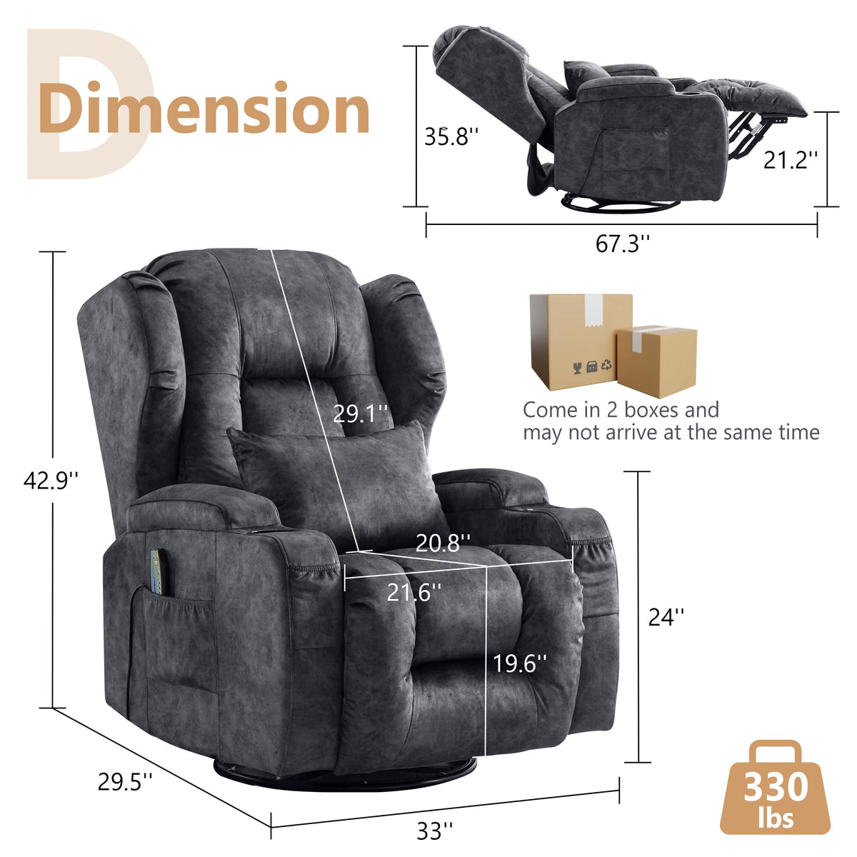 Dual Motor Power Swivel Rocker Recliner Chairs with Massage & Heat T629