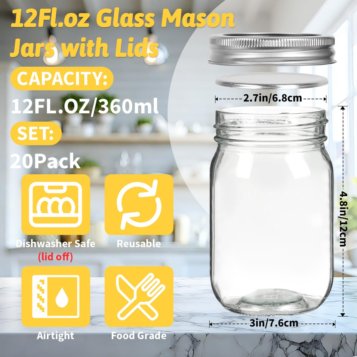 12 oz Regular Mouth Mason Jars 20 Pack A67732