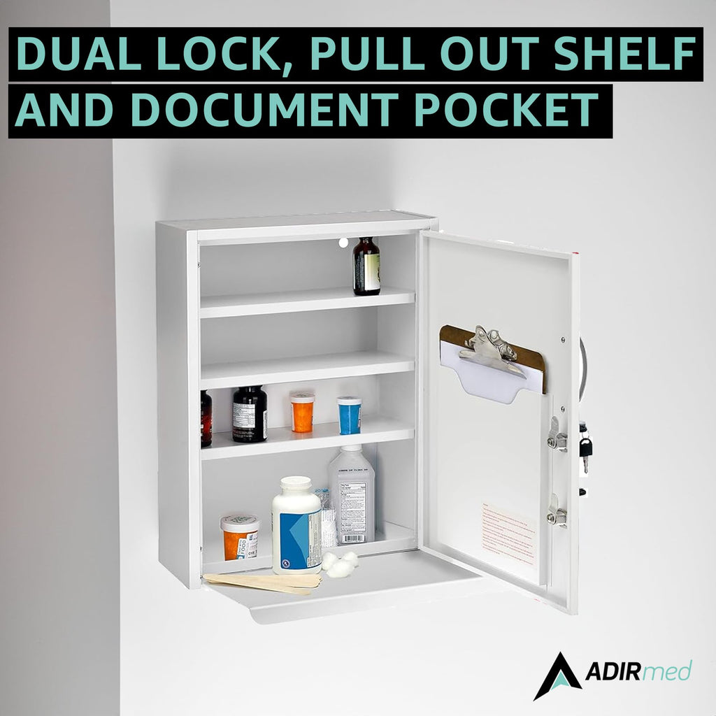 White Locking Metal Wall Mounted Medication Cabinet with Document Pocket I52358