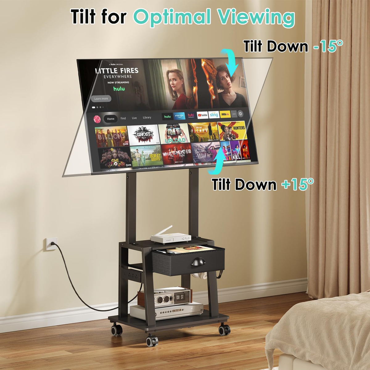Rolling TV Stand with Power Outlet, Adjustable Height, for 23-60 inch Screens F9230