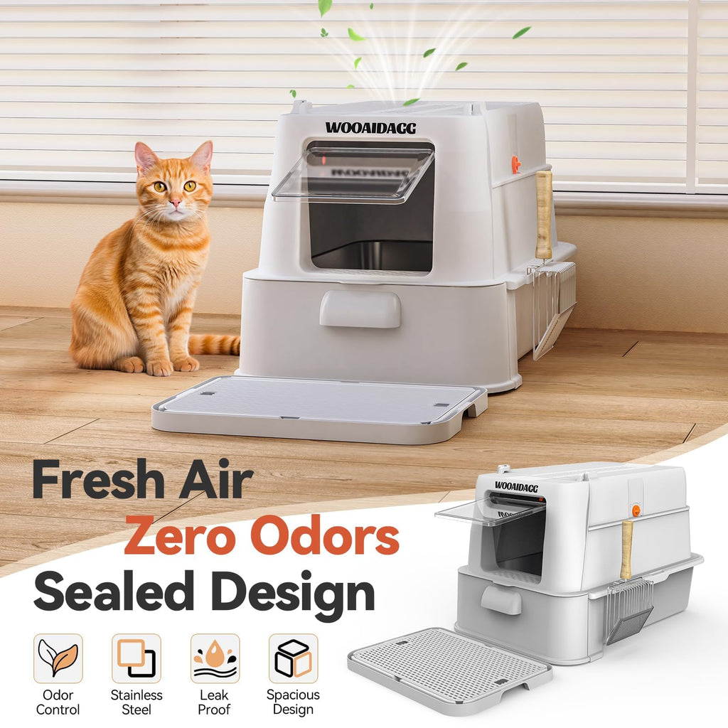 Enclosed Stainless Steel Cat Litter Box with Drawer and Flip Door, Extra Large Light Grey X611