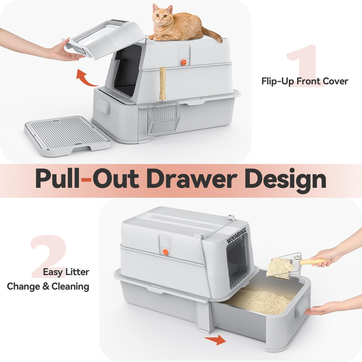 Enclosed Stainless Steel Cat Litter Box with Drawer and Flip Door, Extra Large Light Grey X611