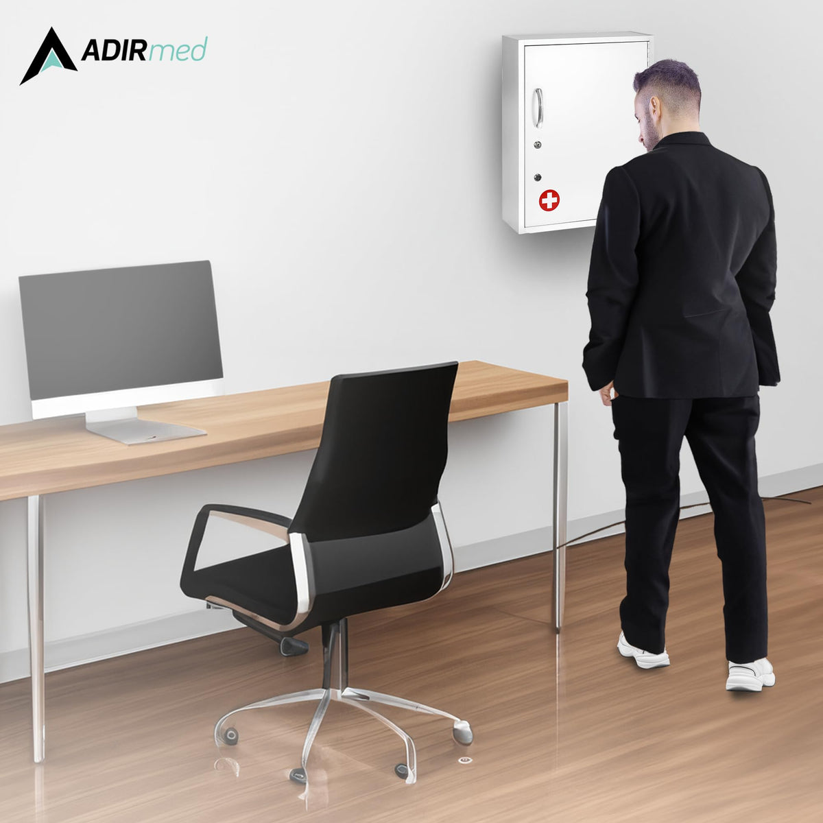 White Locking Metal Wall Mounted Medication Cabinet with Document Pocket I52358
