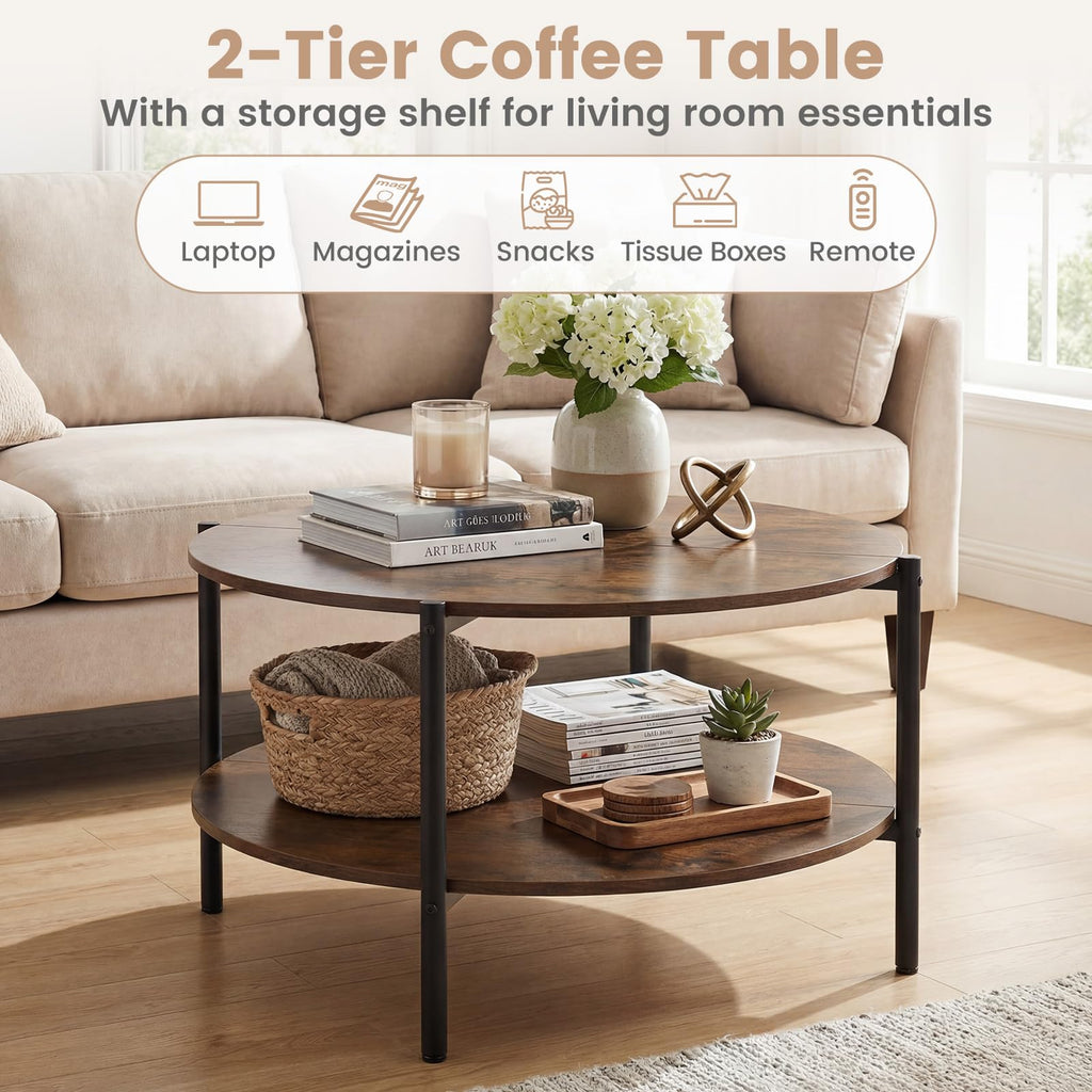 Round 2-Tier Coffee Table with Storage Shelf E364