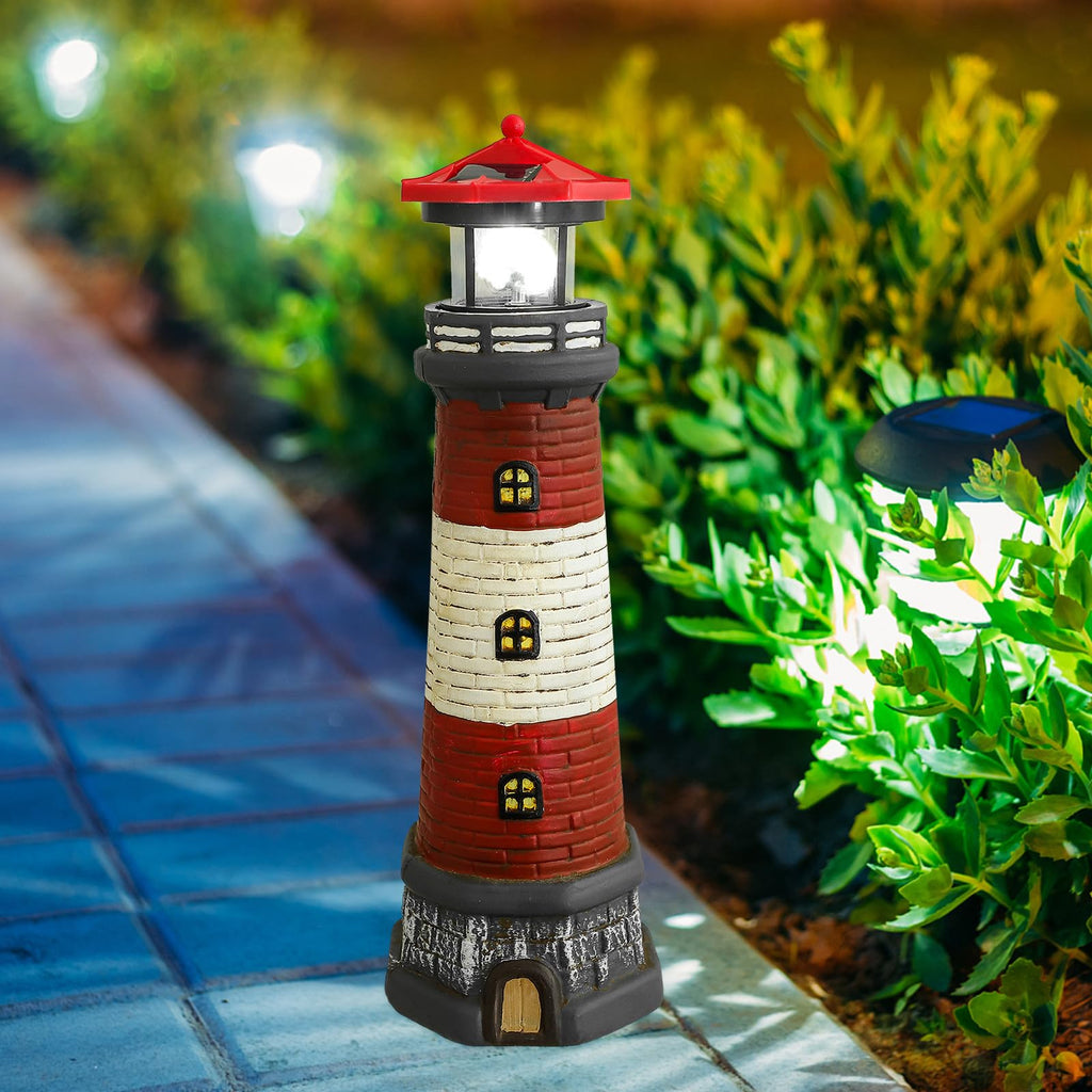 Solar Garden Lighthouse Statue, Waterproof Resin Outdoor Decor Light, 14.76 Inch Red Finish R837776