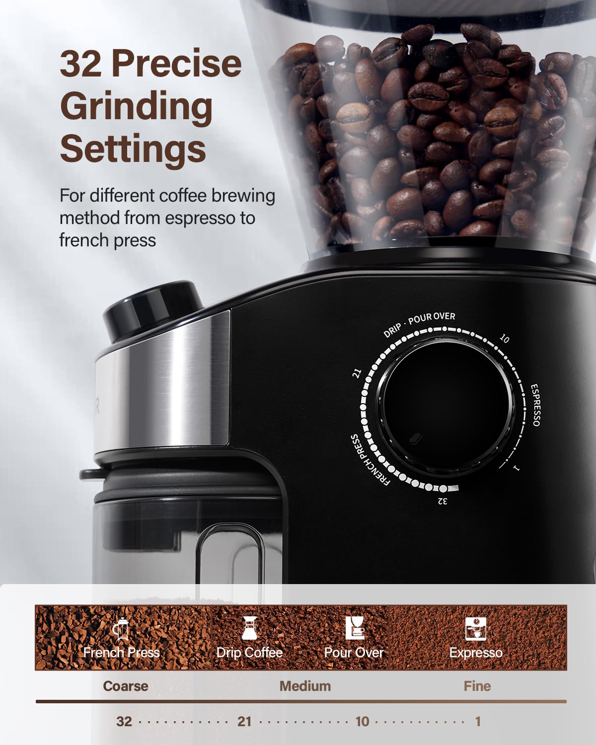 Electric Burr Coffee Grinder with 32 Grinding Sizes C838658