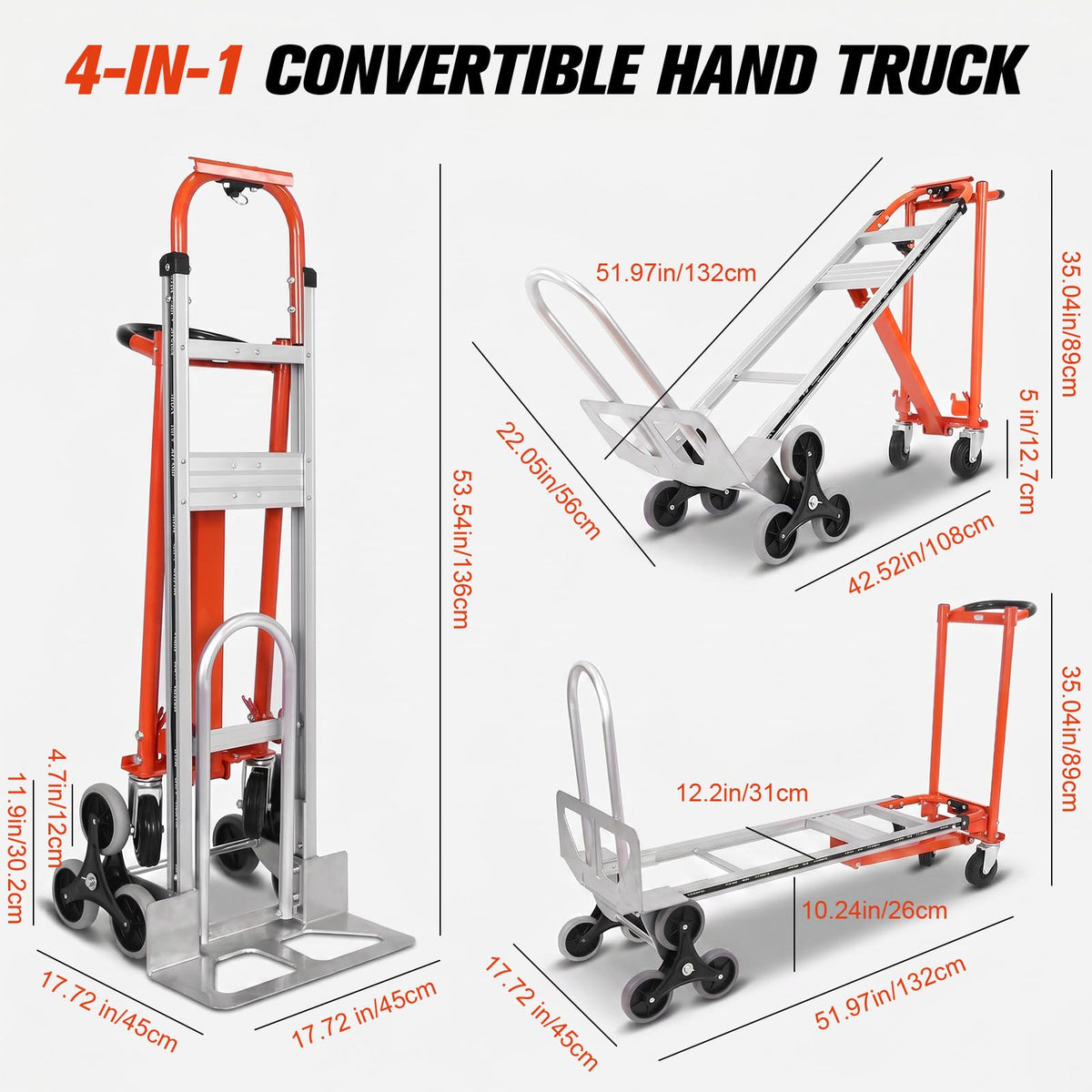 4-in-1 Convertible Stair Climbing Hand Truck, 1000LBS Heavy Duty Folding Aluminum Dolly Cart with Wheels & Handle U4321