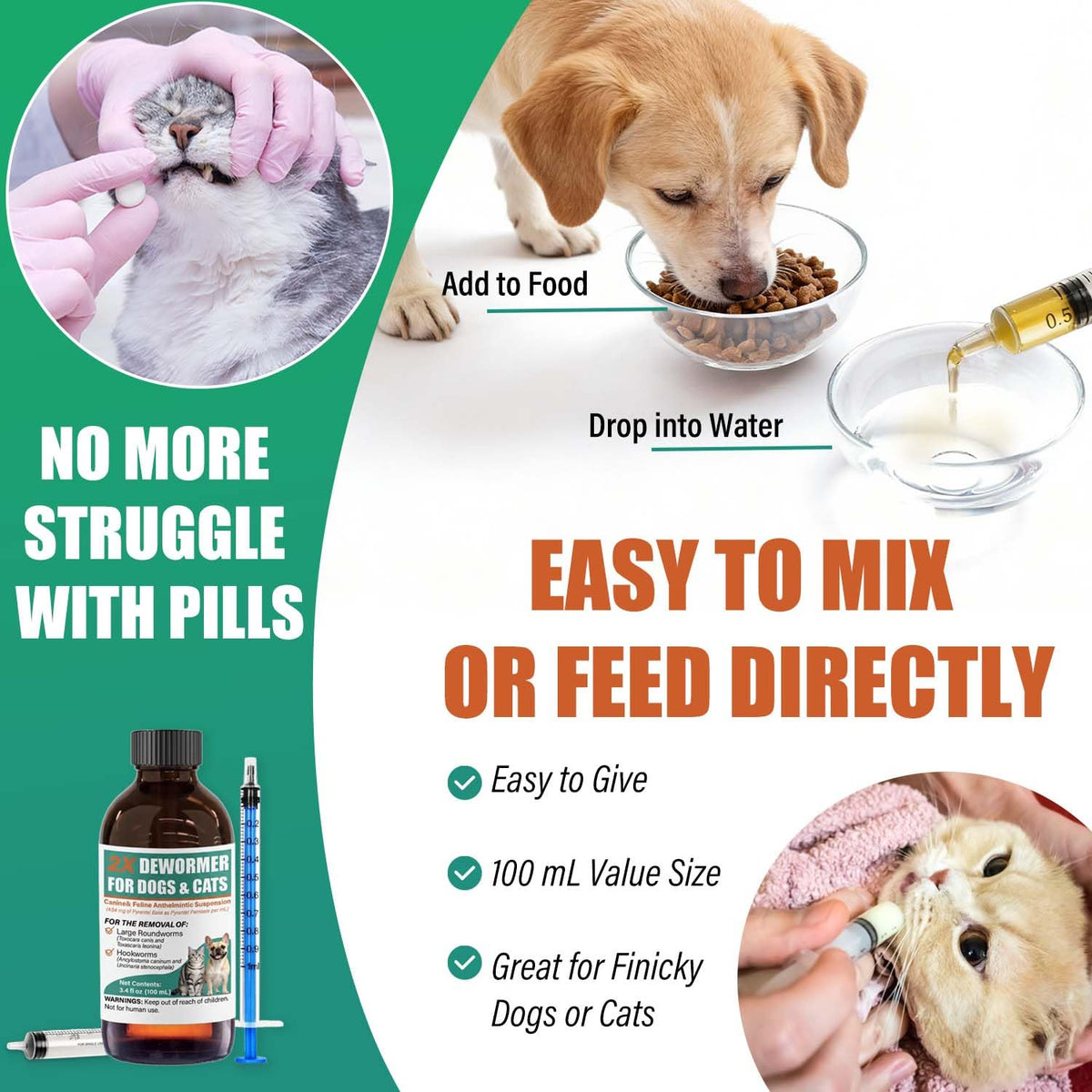Liquid Dewormer 2X for Dogs & Cats, Pyrantel Pamoate Oral Liquid for Large Roundworms & Hookworms, 100 mL L495