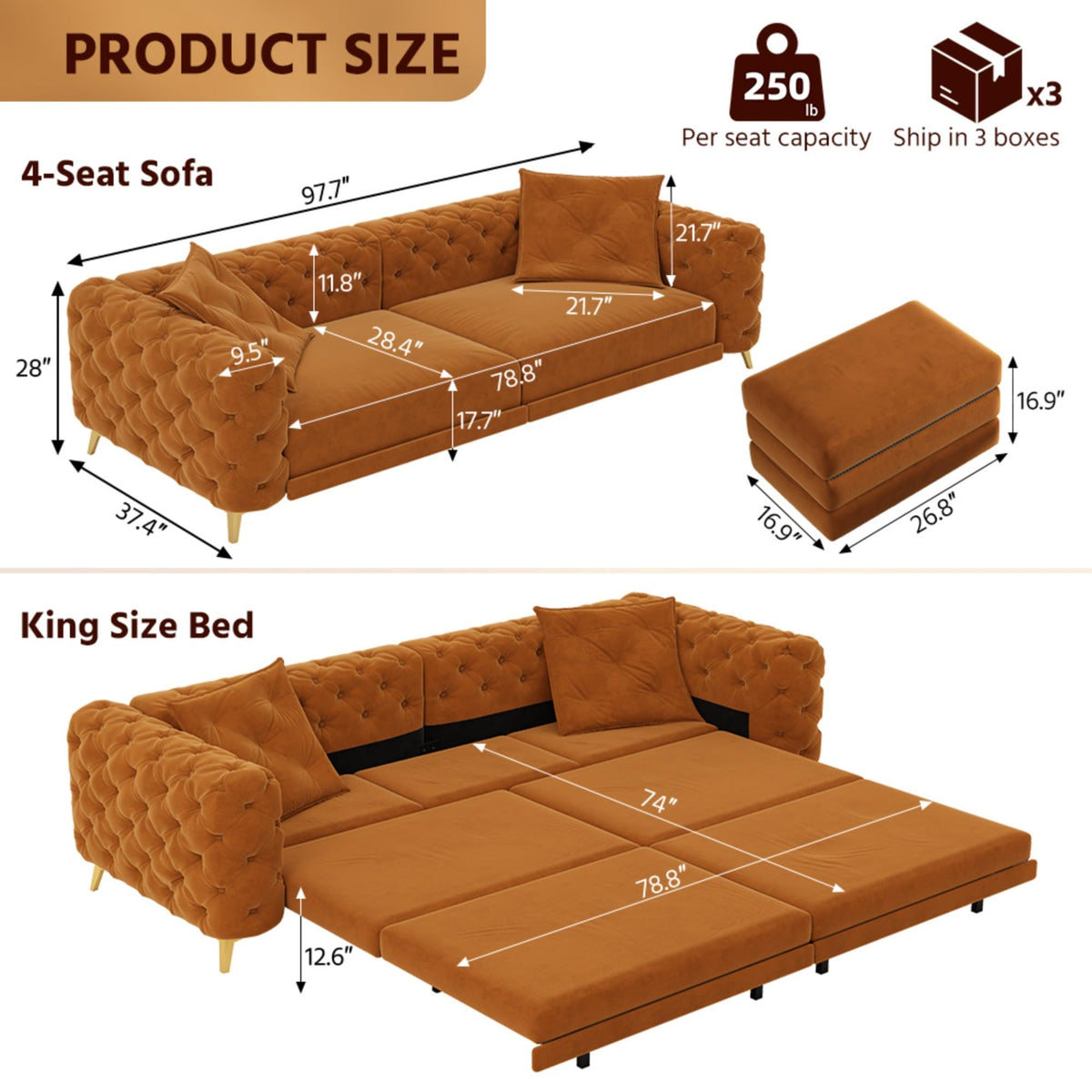Velvet Convertible Sleeper Sofa with Ottoman F784014