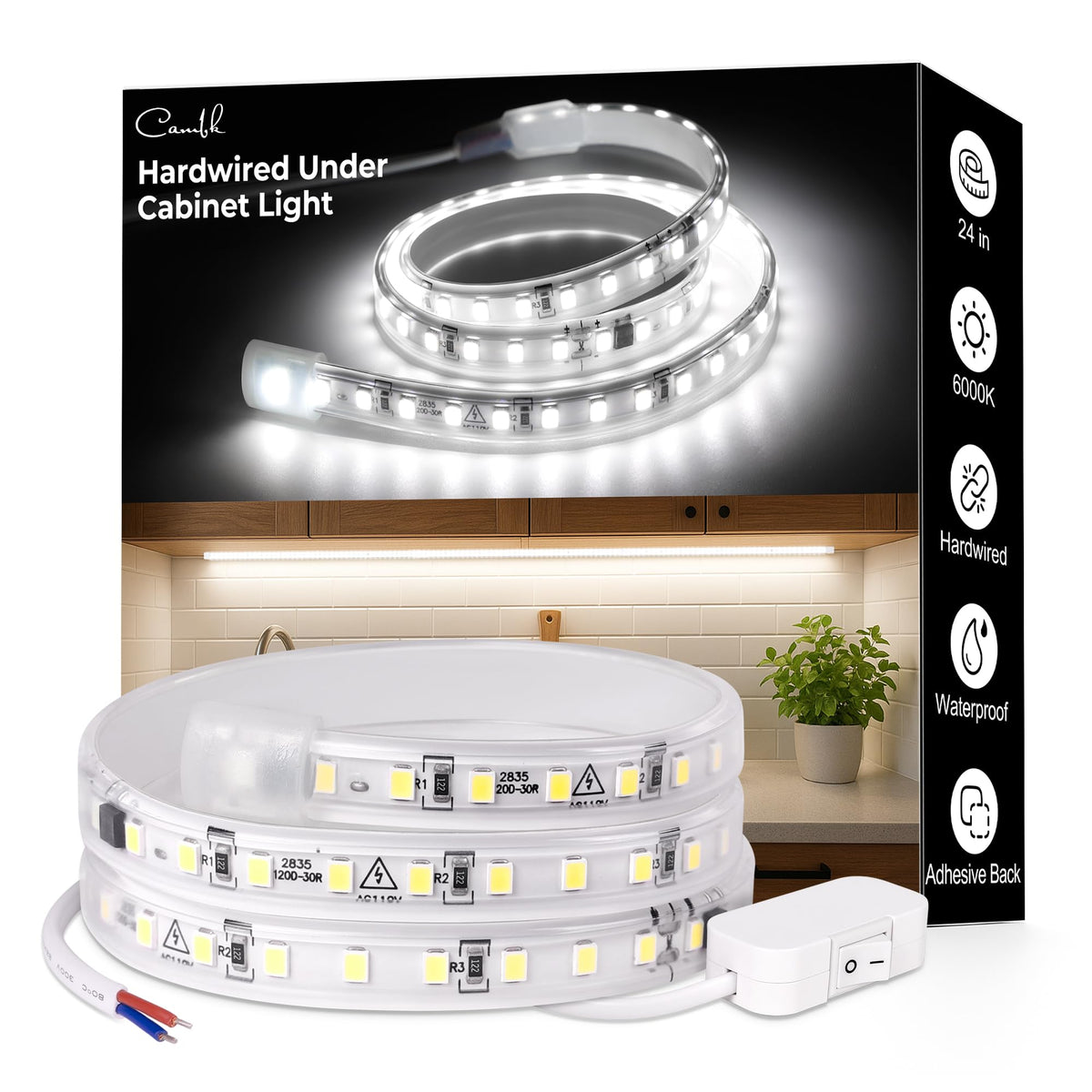 24inch 120V Wired Under Cabinet LED Strip Lights 6000K White Waterproof B165905