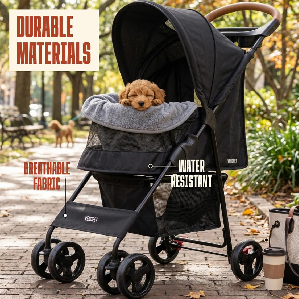 Foldable Pet Stroller with Mesh, Storage Basket & Cup Holder W68188