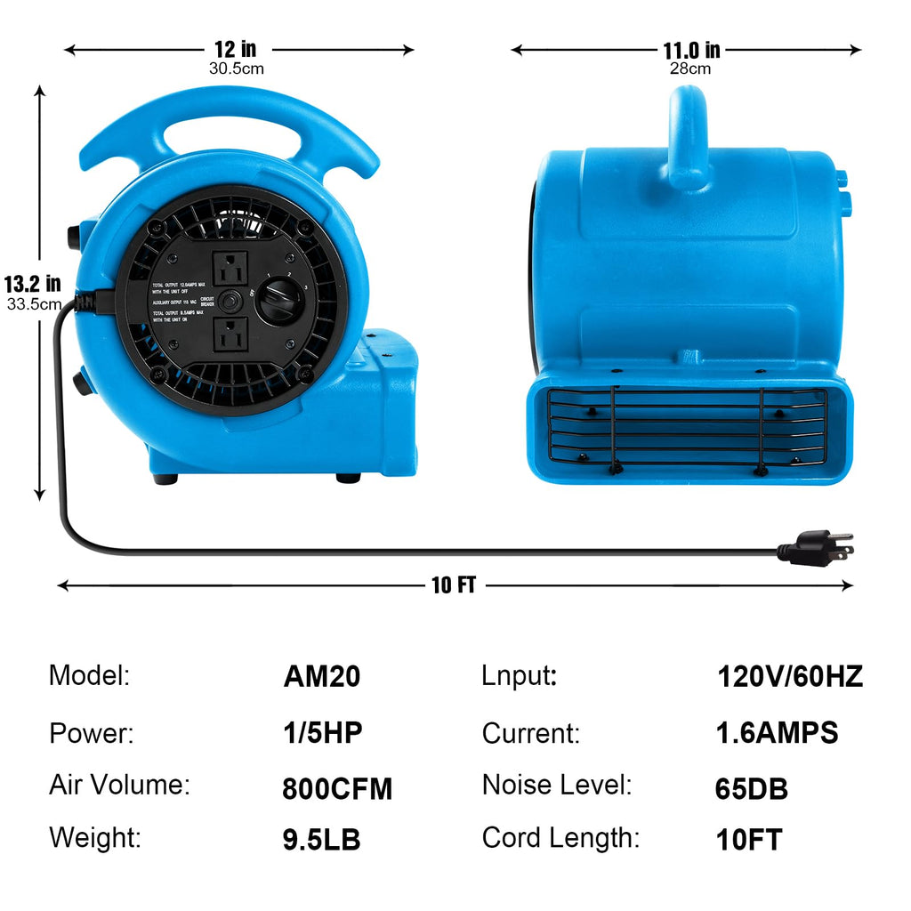 1/5hp 800cfm 3-Speed Air Mover Blower Fan with Dual Outlet F229
