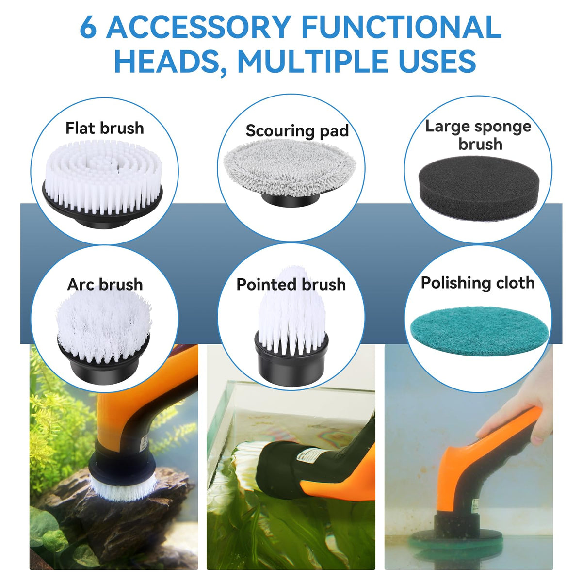 Electric Aquarium Cleaning Brushes with 6 Replaceable Brush Heads S34480